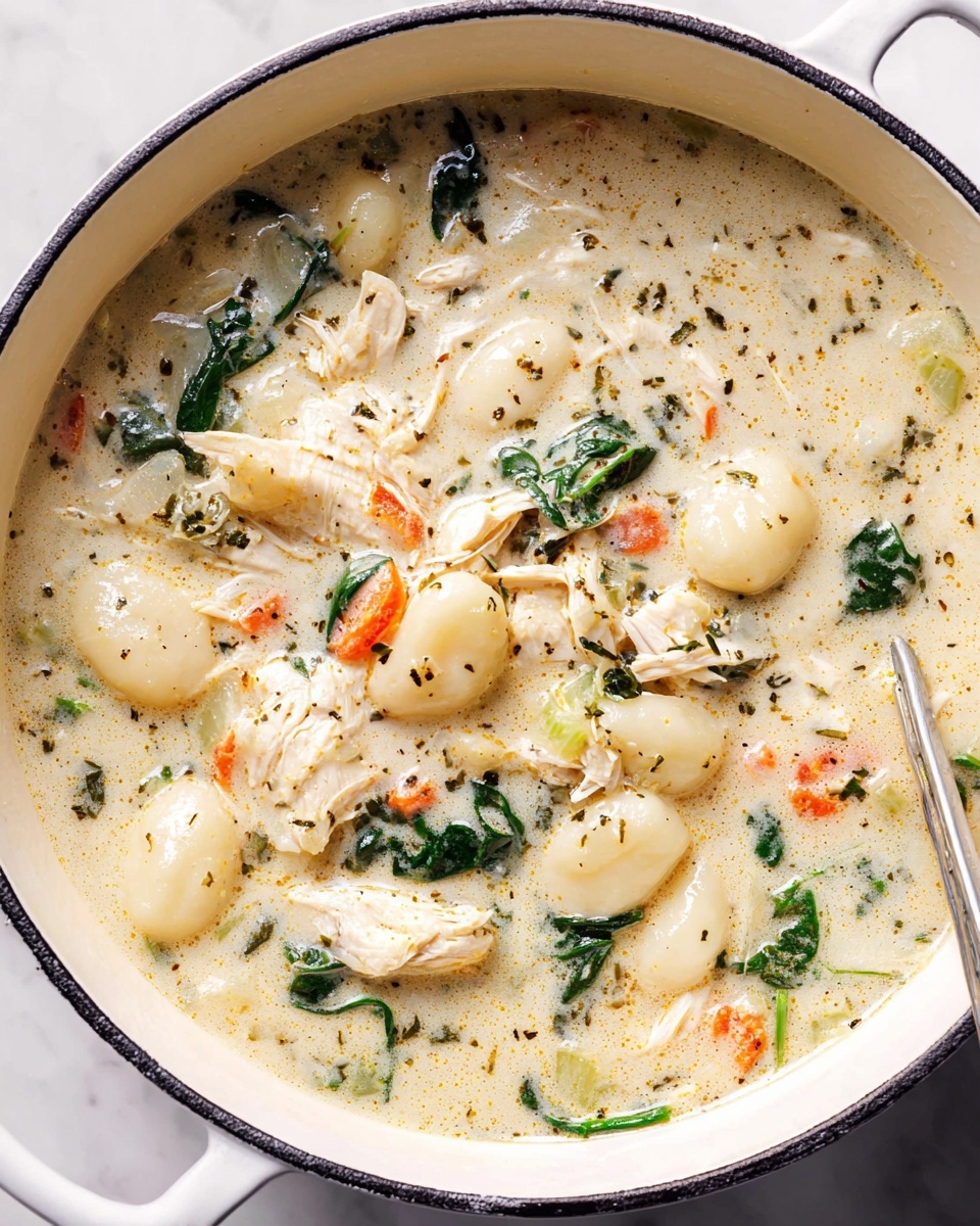 Single white bowl filled with a creamy chicken gnocchi soup showcasing tender gnocchi pillows, shredded chicken pieces, wilted spinach leaves, and thin carrot strips immersed in a rich, herb-speckled broth, spoon resting inside, close-up angled view emphasizing the smooth, velvety texture and wholesome ingredients, placed on white marble surface, natural lighting highlighting the comforting warmth, intimate plated serving photo taken with an iphone --ar 4:5 --v 7