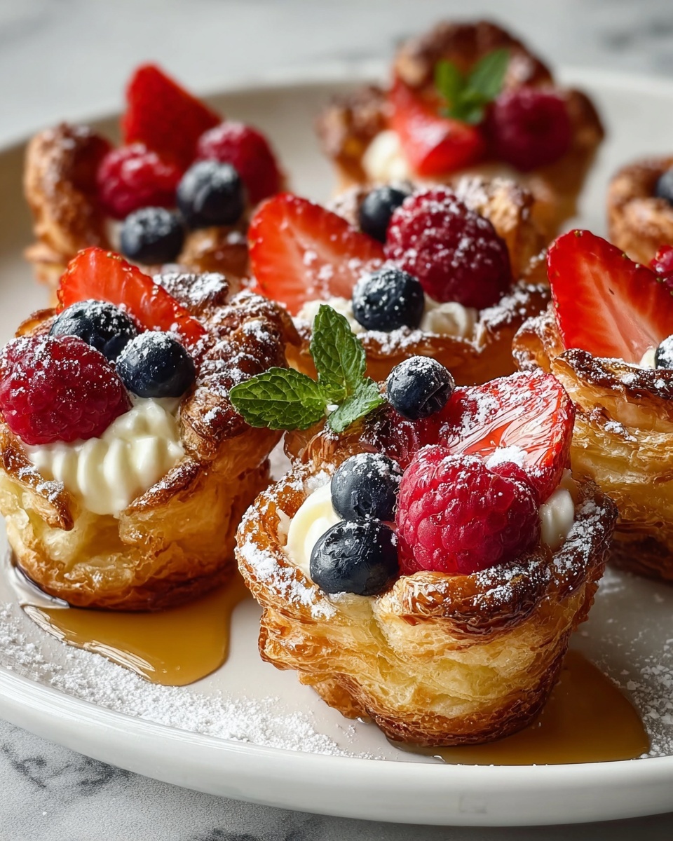 Single white plate with one golden brown cinnamon roll topped with a generous layer of fresh sliced strawberries, blueberries, and a light dusting of powdered sugar, close-up angled shot revealing the soft, swirled interior layers of cinnamon pastry, drizzled with amber maple syrup pooling gently around the base, garnished with a sprig of fresh mint, set on a white marble surface, natural lighting highlighting the textures, intimate plated serving photo taken with an iphone --ar 4:5 --v 7