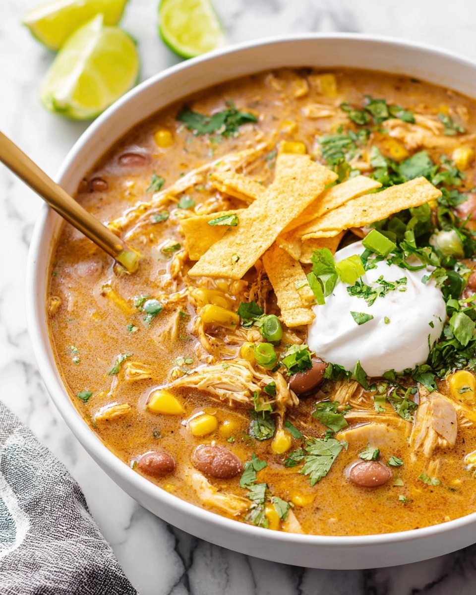 Single white bowl filled with a creamy chicken tortilla soup portion, showcasing tender shredded chicken, pinto beans, and sweet corn in a rich, spiced broth, topped with a dollop of sour cream, chopped green onions, fresh cilantro, and crispy tortilla strips, close-up angled shot revealing textures and steam rising, placed on white marble surface with lime wedges nearby, natural lighting, styled like a food blog single serving photo taken with an iphone --ar 4:5 --v 7