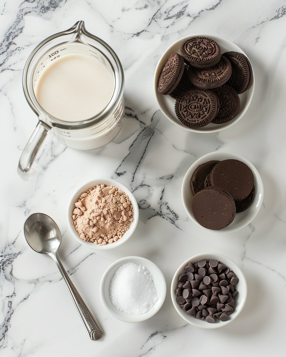 Large white bowl filled with a generous serving of chocolate cookies and cream ice cream, featuring smooth, creamy scoops studded with cookie chunks, surrounded by whole chocolate sandwich cookies as garnish, arranged on a white marble surface with natural lighting, professional food styling, whole dish photographed from an overhead 3/4 angle, hero shot from a food magazine, photo taken with an iphone --ar 4:5 --v 7