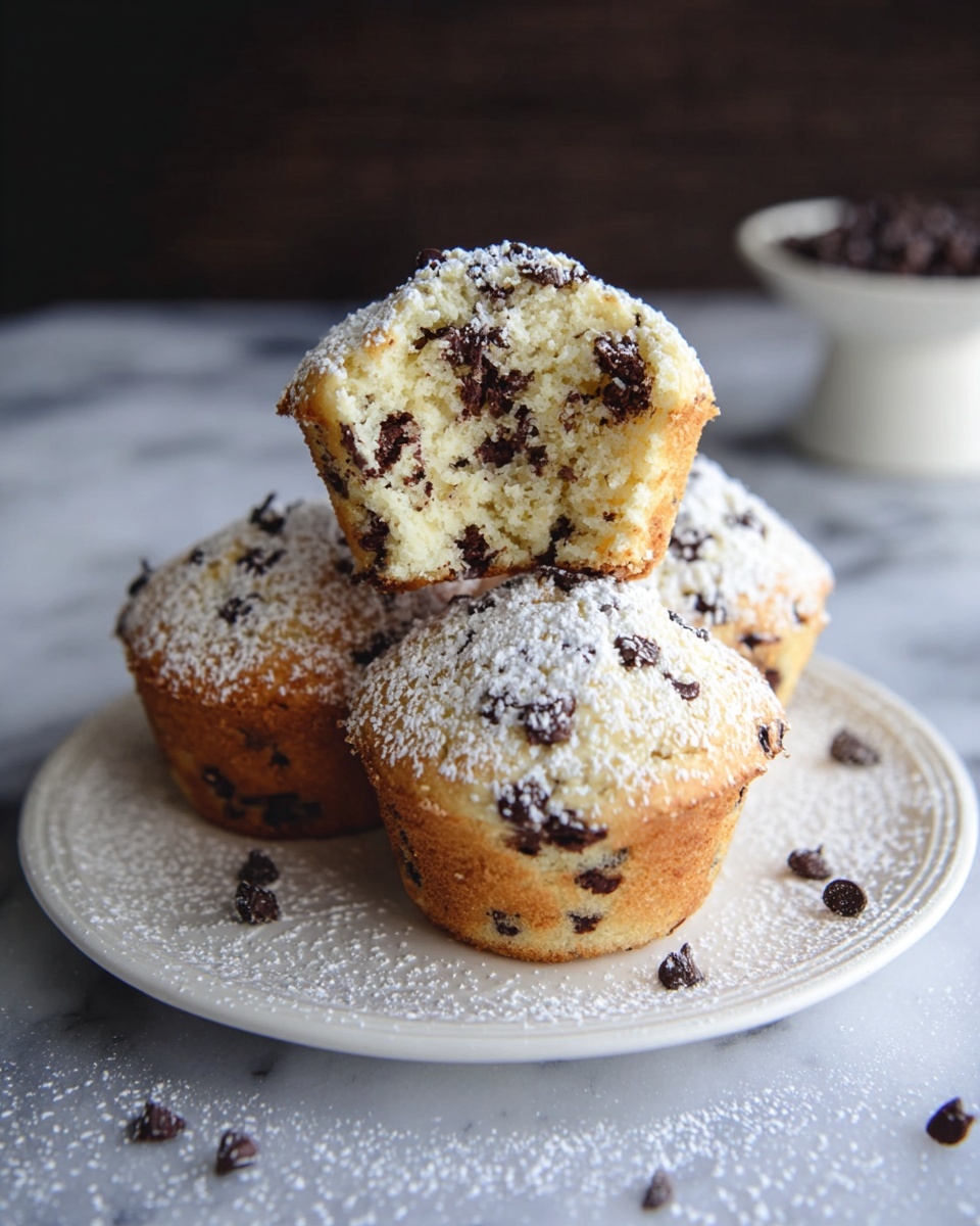 Single white plate with one large chocolate chip muffin, angled to reveal a soft, moist interior dotted with melted chocolate chips, lightly dusted with powdered sugar on top, placed on white marble surface, natural lighting highlighting the tender crumb and chocolate pockets, styled as an individual serving from a food blog, intimate close-up photo taken with an iphone --ar 4:5 --v 7