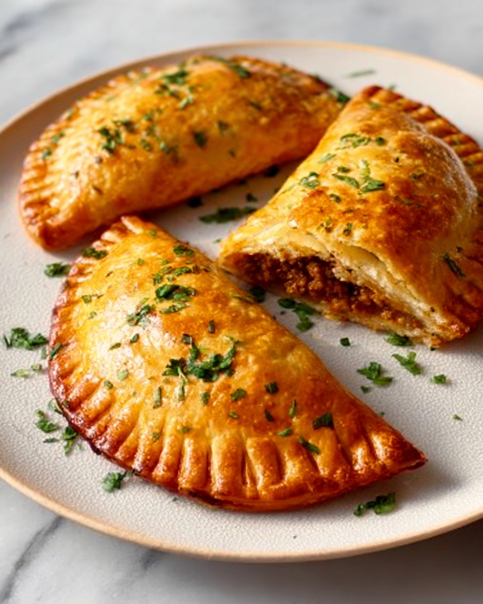 Single white plate with one golden-brown empanada showing a slight opening that reveals a warm, savory filling of seasoned ground meat mixed with finely chopped vegetables, close-up angle capturing the flaky, crisp pastry layers and a sprinkle of fresh green herbs on top, placed on a white marble surface under natural light, styled as an inviting single serving ready to eat, photo taken with an iphone --ar 4:5 --v 7