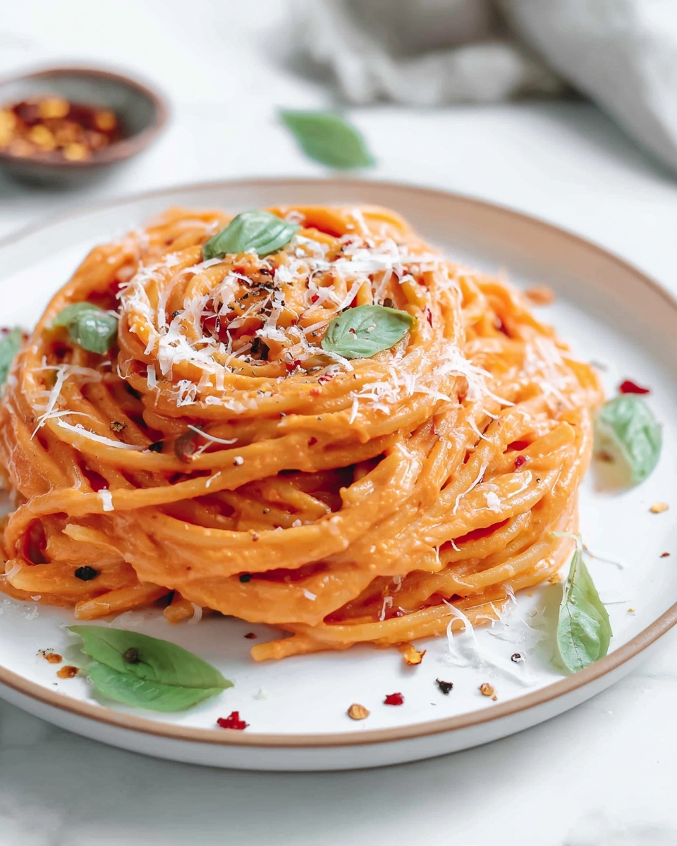 Single white plate with a neatly twirled serving of creamy tomato sauce spaghetti garnished with freshly grated Parmesan cheese and small basil leaves, close-up angled shot highlighting the rich, velvety texture of the sauce coating each strand of pasta, with a sprinkle of cracked black pepper and red chili flakes adding subtle texture contrast, all set on a white marble background under natural lighting, styled like an inviting individual serving from a food blog, photo taken with an iphone --ar 4:5 --v 7