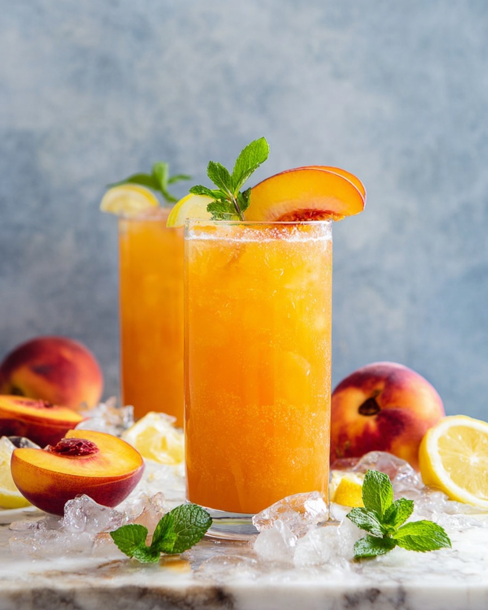 Single tall white glass filled with a refreshing peach lemonade, close-up angled view emphasizing the vibrant orange beverage with visible tiny peach pulp bits, ice cubes floating on top, garnished with a delicate slice of fresh peach and lemon wedge adorned with a small mint sprig, placed on a white marble surface with scattered ice and fresh peach and lemon slices nearby, bathed in soft natural light, styled as an inviting, single serving from a food blog, photo taken with an iphone --ar 4:5 --v 7