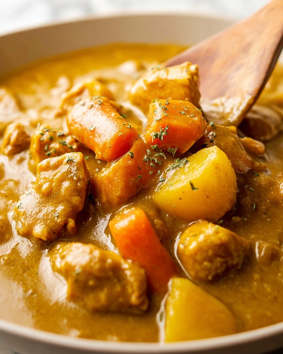 Single white bowl presenting a generous serving of rich, golden Japanese curry stew featuring tender chunks of carrots, potatoes, and succulent pieces of chicken immersed in thick, flavorful sauce, close-up angled view emphasizing the textured vegetables and moist meat, steam gently rising, plated on a pristine white marble surface under soft natural lighting, styled like an inviting food blog shot, photo taken with an iphone --ar 4:5 --v 7