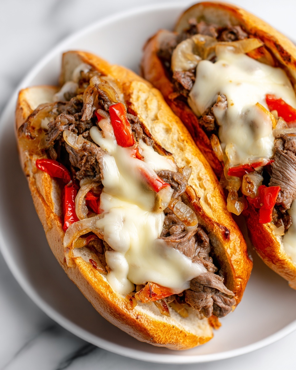 Single white plate holding one Philly cheesesteak sandwich with a toasted, golden-brown hoagie roll filled generously with tender strips of cooked beef, sautéed onions, and red bell pepper pieces, topped with melted, creamy white cheese cascading over the filling, close-up angle emphasizing the texture of the juicy meat and gooey cheese, placed on a white marble surface with natural lighting, styled as a ready-to-eat individual portion, photo taken with an iphone --ar 4:5 --v 7