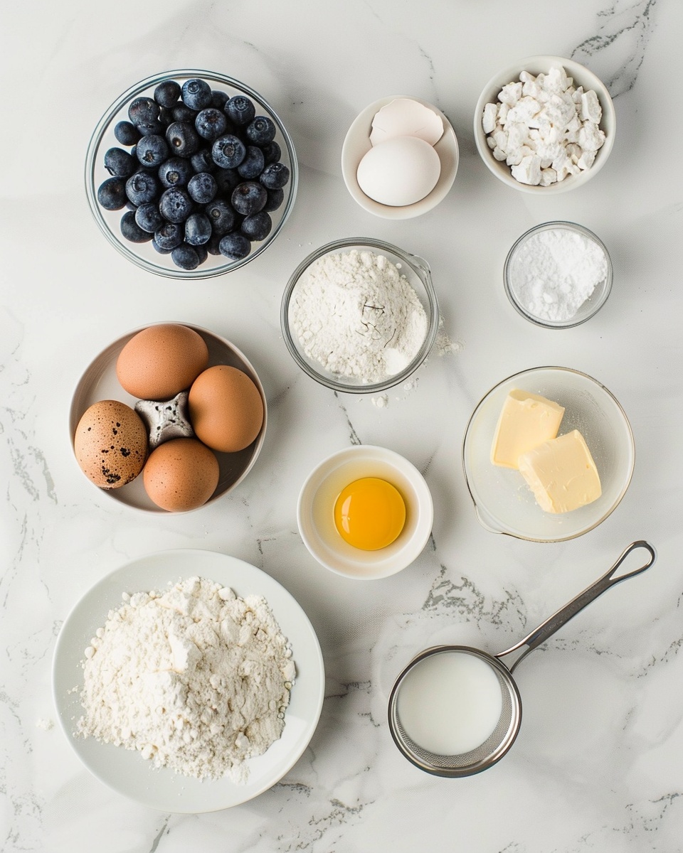 Whole round blueberry cake on a large white plate, golden-baked with a generous amount of plump blueberries embedded throughout the top, dusted lightly with powdered sugar, presented on a white marble countertop with soft natural lighting highlighting the moist texture and rich color contrast, styled for a professional food magazine hero shot, photo taken with an iphone --ar 4:5 --v 7