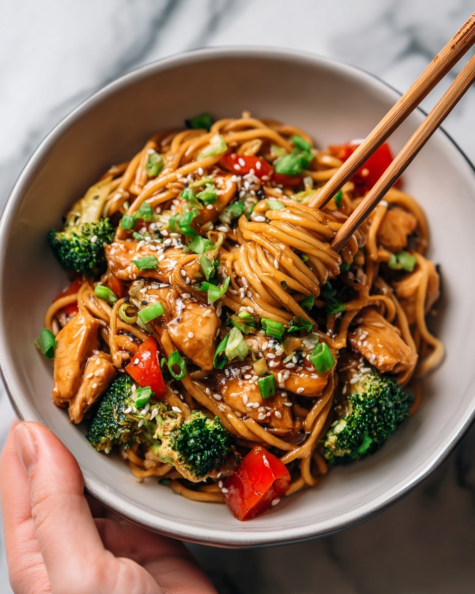 Single white bowl with a close-up of a single serving of chicken stir-fry with noodles, showcasing tender chicken pieces glazed in a shiny savory sauce, vibrant broccoli florets, red bell pepper chunks, and sprinkled sesame seeds and chopped green onions on top, noodles twisted around chopsticks held by a woman's hand, shot at an angled intimate perspective to emphasize textures and depth, placed on a white marble surface with natural lighting, styled like a food blog photo taken with an iphone --ar 4:5 --v 7