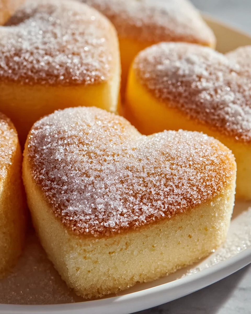 A single white plate displaying one heart-shaped sponge cake dusted lightly with granulated sugar, shown in close-up with the soft, airy texture of the cake interior visible from a side angle, emphasizing its fluffy crumb and delicate golden-brown exterior, placed on a white marble surface with natural lighting highlighting the sugary crystals, styled as a ready-to-eat individual serving from a food blog, photo taken with an iphone --ar 4:5 --v 7