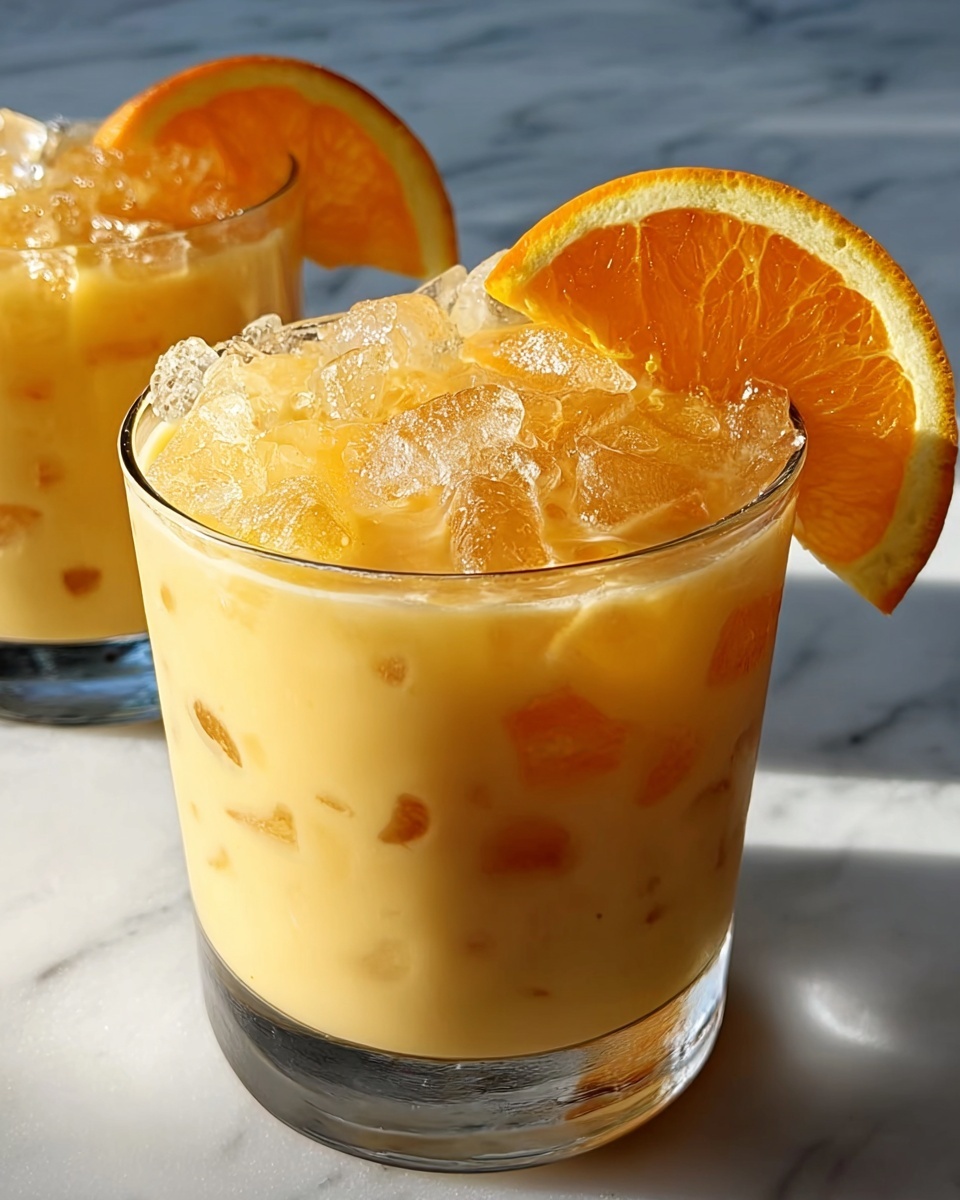 Single white short glass filled with a creamy orange-hued cocktail over a mound of clear ice cubes, garnished with a fresh, vibrant orange slice delicately perched on the rim, close-up angled shot emphasizing the refreshing texture and condensation on the glass, placed on a white marble surface with natural light highlighting the rich colors, styled as an inviting single serving ready to enjoy, photo taken with an iphone --ar 4:5 --v 7