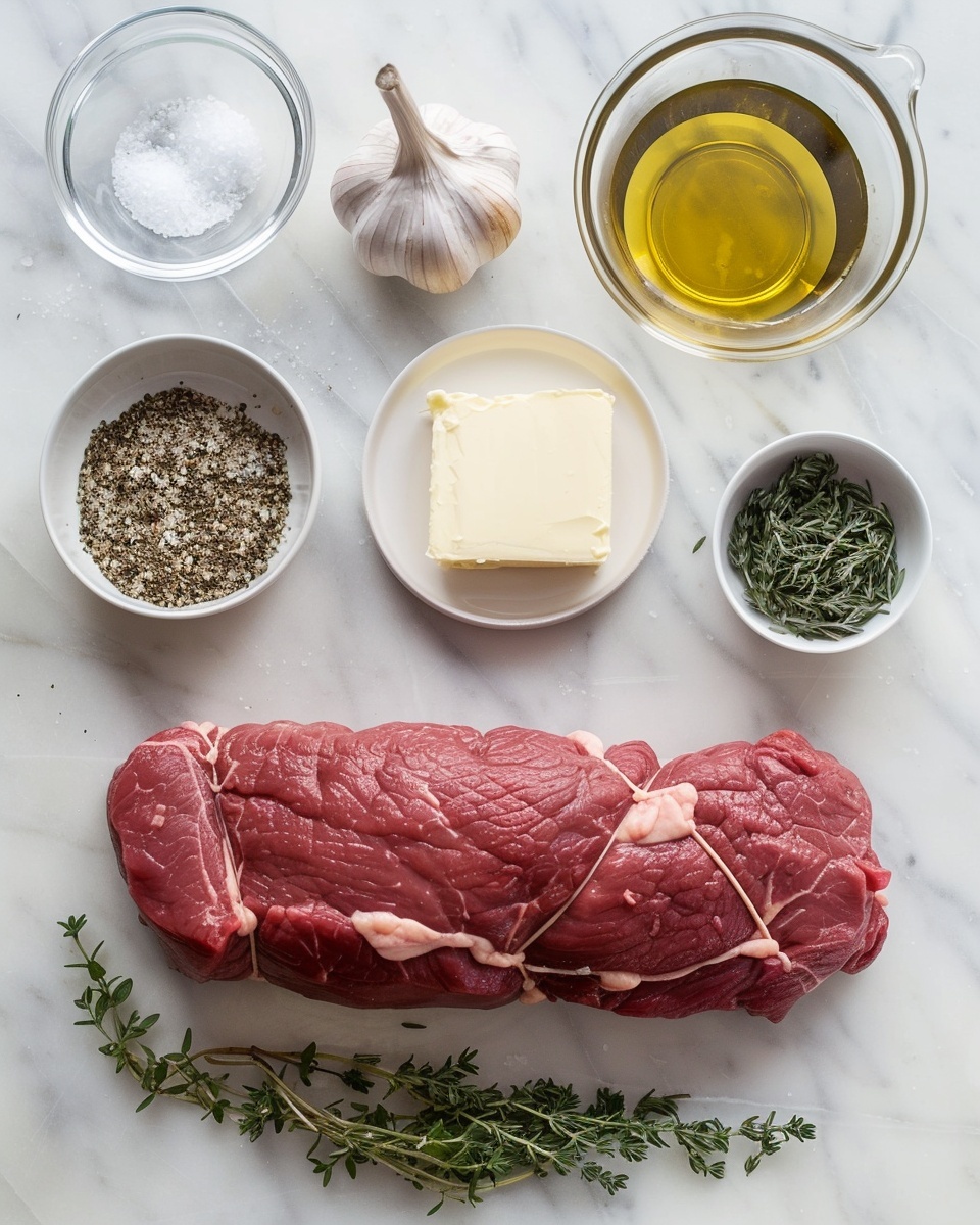 Large white oval serving platter showcasing an entire herb-crusted beef tenderloin roast, perfectly seared with a golden, garlic and rosemary seasoning crust. The whole roast is presented uncut, highlighting its juicy, tender texture with fresh sprigs of rosemary for garnish. Accompanied by a small white bowl of creamy horseradish sauce topped with chopped chives on the side. The scene is set on a white marble countertop with natural lighting, styled like a professional hero shot from a food magazine, capturing the rich contrast of the pink interior and browned exterior of the roast. Photo taken with an iphone --ar 4:5 --v 7