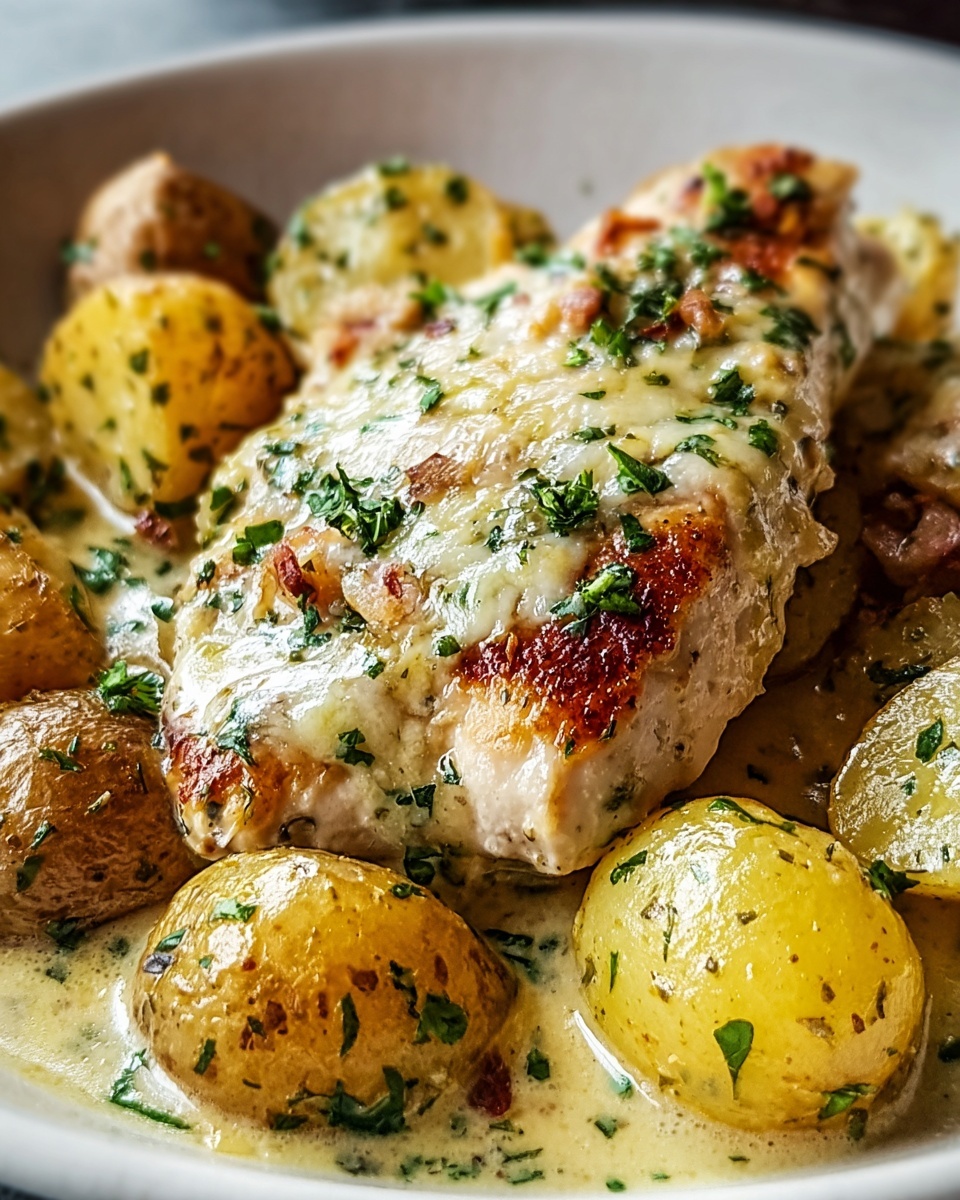 Single white plate with one portion of creamy herb chicken and roasted baby potatoes, close-up angled shot revealing the tender, juicy chicken breast topped with melted cheese and fresh chopped parsley, surrounded by golden, seasoned potato halves soaking in a rich, creamy sauce, garnished with finely chopped herbs, placed on white marble surface, natural lighting emphasizing the textures and layers of the dish, intimate plated serving photo taken with an iphone --ar 4:5 --v 7