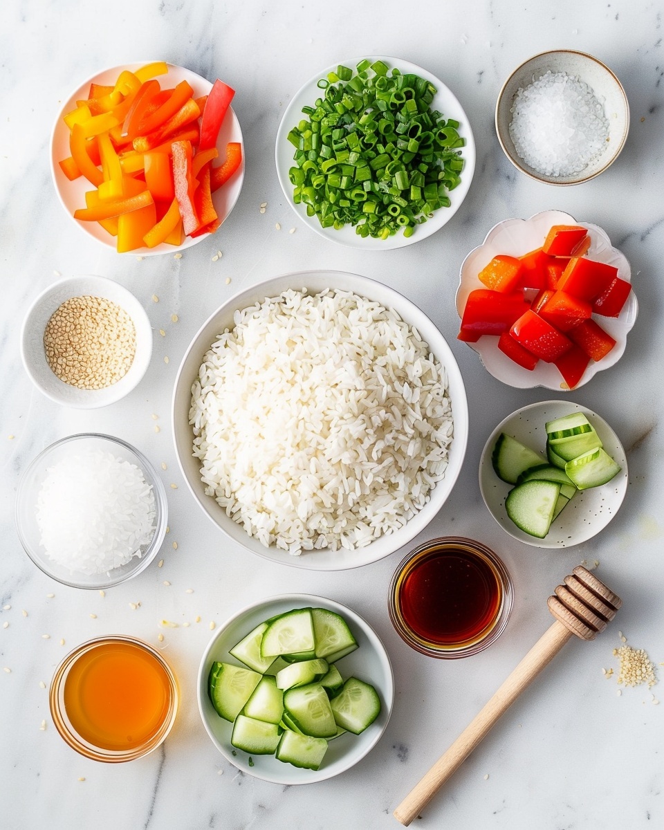 Large white serving bowl filled with a vibrant and aromatic spicy fried rice dish, generously mixed with chopped green onions, crispy fried garlic, sesame seeds, and red chili flakes, showcasing a colorful blend of textures and fresh ingredients, styled for a professional food magazine hero shot on a white marble surface, natural lighting emphasizing the rich colors and appetizing glisten, whole dish photographed from a 3/4 angle photo taken with an iphone --ar 4:5 --v 7