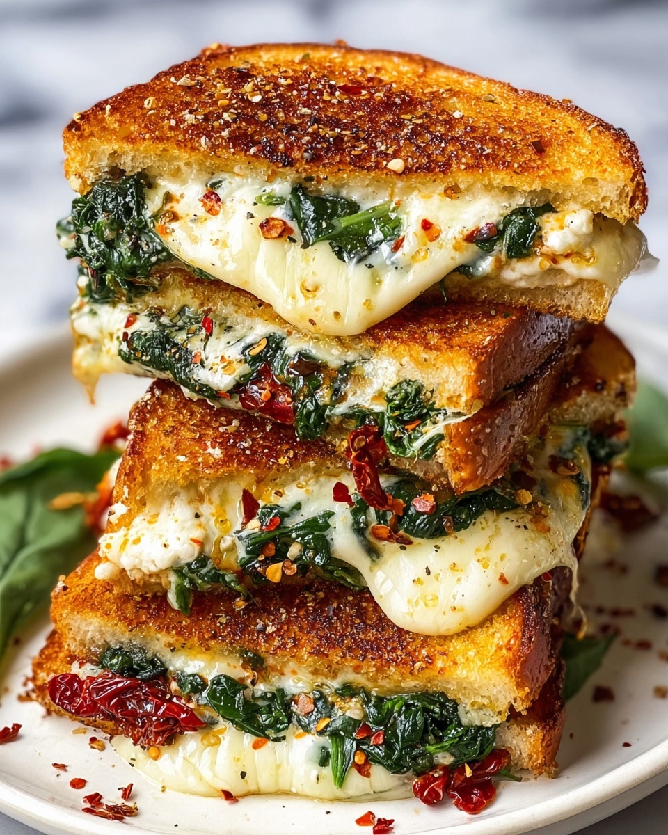 Single white plate holding one portion of grilled cheese sandwich stacked to reveal melted cheese oozing alongside sautéed spinach and roasted cherry tomato halves, close-up angled view emphasizing the crispy, golden-brown toasted bread and the vibrant, juicy interior fillings, garnished with scattered red pepper flakes and fresh spinach leaves, set on white marble surface with natural lighting, styled like a cozy, savory food blog serving, photo taken with an iphone --ar 4:5 --v 7