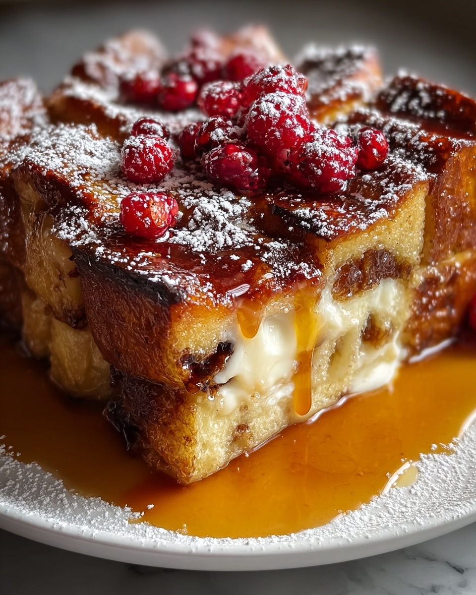 Sourdough French Toast Casserole with Berry Compote Recipe 6 Single white plate featuring one thick slice of bread pudding, showcasing a rich, moist interior with visible layers of soft, custardy bread soaked in creamy sauce, topped with powdered sugar and vibrant red berries, drizzled with amber caramel sauce pooling gently around the base, photographed close-up with natural light highlighting the golden crust and texture, set on white marble surface, styled like an inviting food blog serving, photo taken with an iphone --ar 4:5 --v 7
