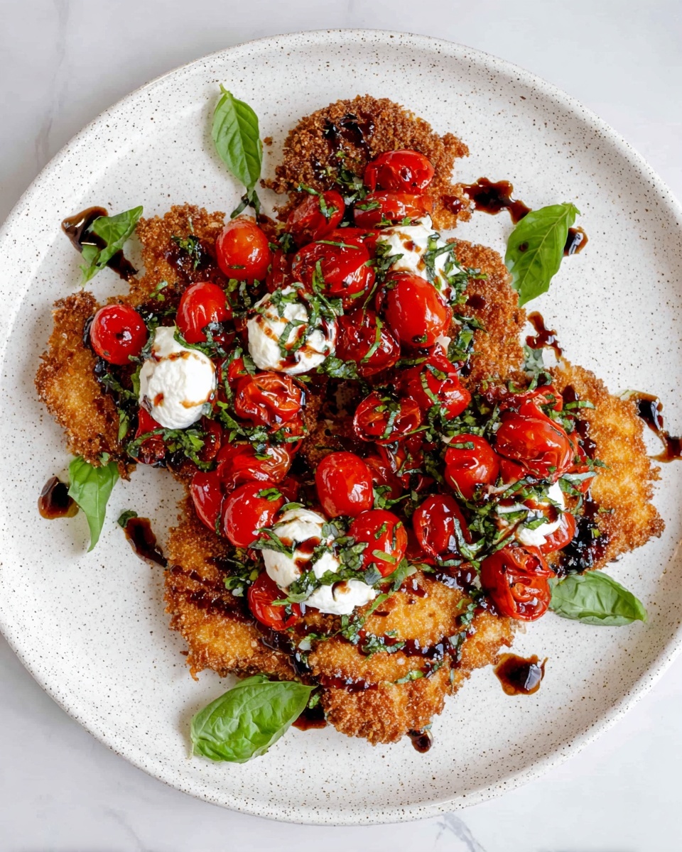 Crispy Chicken Caprese with Blistered Cherry Tomato Basil and Balsamic Glaze Recipe 5 The dish shows three breaded golden brown crispy pieces placed on a white speckled plate with a white marbled background. On top of each piece are bright red roasted cherry tomatoes mixed with thinly sliced fresh green basil leaves. There are dollops of soft white cream scattered between the pieces, each drizzled with a dark balsamic glaze. The plate is garnished with more fresh basil leaves, adding color contrast and freshness. The textures combine crunchy, smooth, and juicy elements all layered together. Photo taken with an iphone --ar 4:5 --v 7