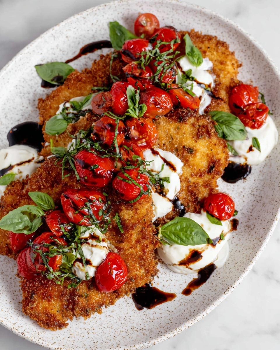 Crispy Chicken Caprese with Blistered Cherry Tomato Basil and Balsamic Glaze Recipe 6 Crispy Chicken Caprese with Blistered Cherry Tomato Basil and Balsamic Glaze Recipe - Recipe Image