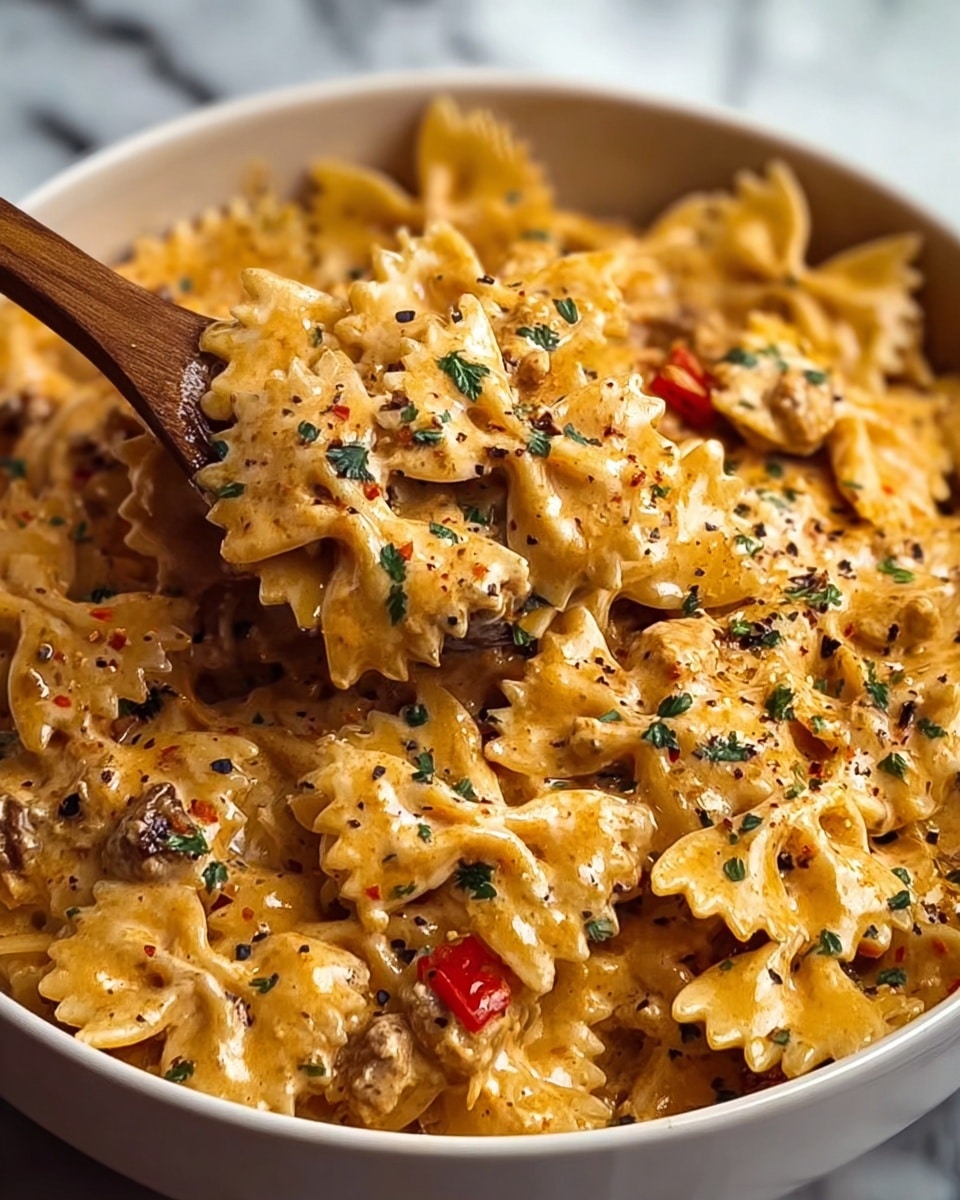 A close-up view of farfalle pasta coated in a creamy orange sauce with small chunks of red pepper and bits of browned ground meat mixed evenly throughout. The pasta is topped with a sprinkle of ground black pepper and small green parsley pieces scattered on the surface. The dish is served in a white bowl placed on a white marbled texture, with a silver spoon resting inside the bowl on the right side. Photo taken with an iphone --ar 4:5 --v 7
