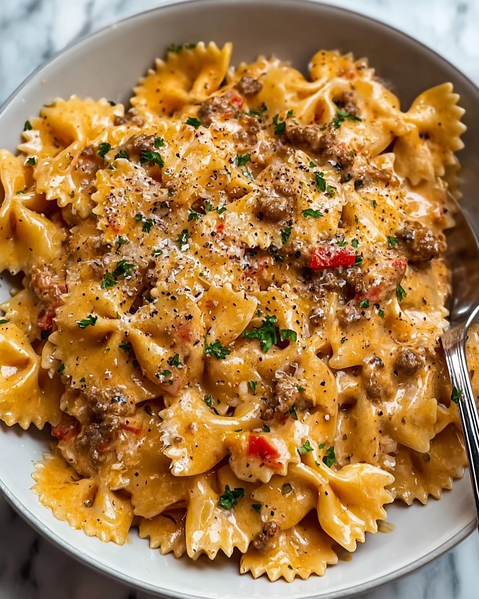 Parmesan Roasted Red Pepper Chicken Bowties in Garlic Cream Recipe - Recipe Image