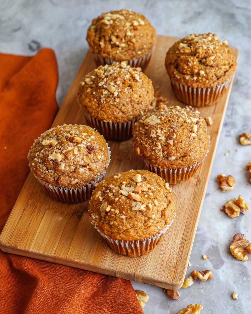 Easy Banana & Walnut Muffins Recipe 6 Seven muffins are placed on a wooden cutting board over a white marbled surface, each muffin sitting in white paper liners. The muffins are golden brown with a rough texture on top, covered with small chopped walnuts that give a crunchy look. The cutting board is light brown with natural wood grain lines, and an orange cloth is partly visible under the board. Scattered walnut pieces are spread around the board on the white marbled surface. Photo taken with an iphone --ar 4:5 --v 7