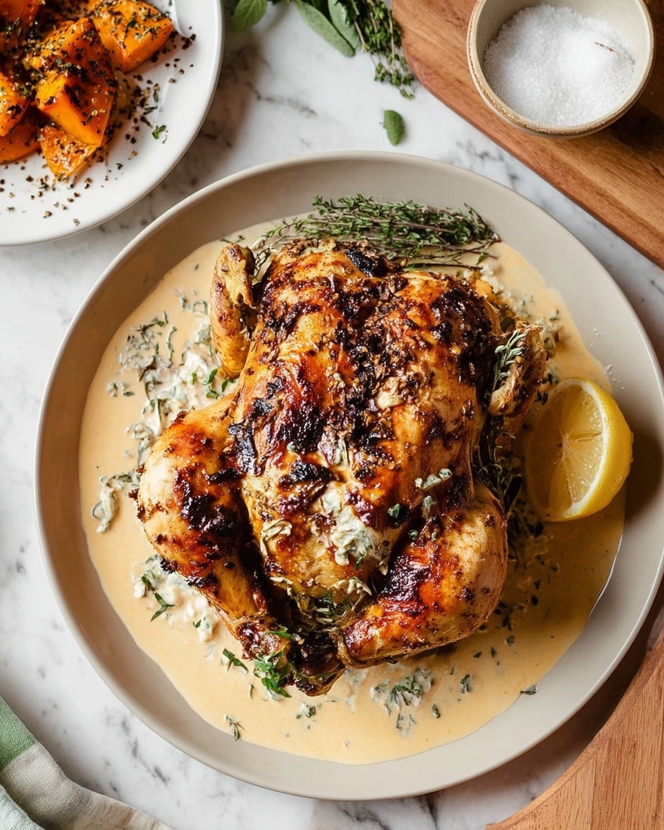 Roast Tarragon Chicken with Crispy Skin and Creamy White Wine Sauce Recipe 5 A whole roasted chicken with a rich golden-brown color and dark charred spots on the skin lies on a textured wooden cutting board. The chicken is stuffed with fresh green herbs, which peek out from the cavity. The skin looks crispy and slightly shiny from cooking juices, and there are a few small drops of liquid around the chicken on the board. The image is captured from above with soft natural light, showing the bird’s full shape and details clearly on a white marbled surface. photo taken with an iphone --ar 4:5 --v 7
