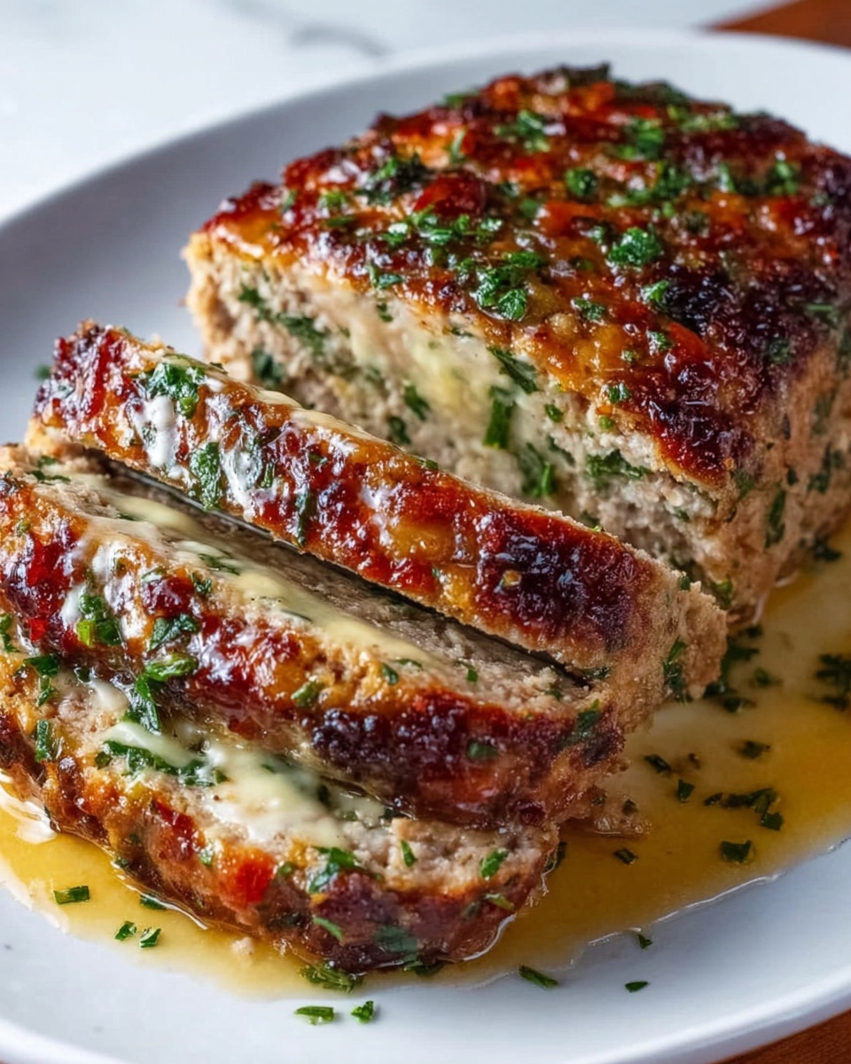 The image shows a close-up of a meatloaf that has been sliced into thick pieces. The outer layer is brown and crispy with visible herbs throughout. Inside, the texture looks soft and moist with small bits of green herbs mixed evenly. The sliced meatloaf rests on a wooden board with a white marbled surface faded out in the background. The lighting highlights the browned crust and the moist, textured inside layers. Photo taken with an iphone --ar 4:5 --v 7