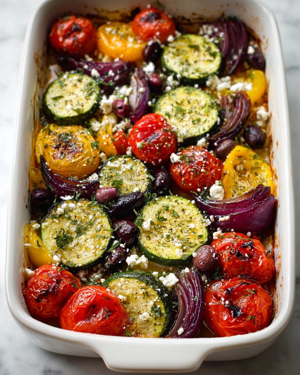 One Pan Greek Vegetables Recipe That Will Blow Your Mind Recipe 5 The dish is a white oval baking dish filled with colorful roasted vegetables layered in a mix. The bottom layer has sliced green zucchini with a light char, bright red and yellow bell pepper strips, and halved cherry tomatoes with a blistered skin. Among these are thick slices of purple-red onion with slight browning on the edges. Scattered on top are small pieces of white crumbly cheese and dark purple olives. A sprinkling of dried green herbs and a bit of oil shine on the vegetables. The dish rests on a white marbled surface photo taken with an iphone --ar 4:5 --v 7