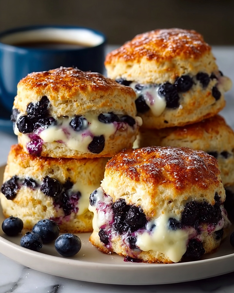 A close-up view of four round blueberry scones stacked on a white plate, each scone has a golden-brown top with a crisp texture and dotted with fresh dark blue blueberries. Inside layers show a creamy, white filling that looks soft and slightly melting, mixed with more blueberries creating a contrast of deep purple and creamy white. The bottom layer is a light yellow biscuit base, slightly crumbly with blueberries peeking through. In the background, there is a dark blue cup filled with black coffee. The whole scene is set on a white marbled surface, with soft natural lighting that highlights the shiny golden tops and juicy berries. photo taken with an iphone --ar 4:5 --v 7