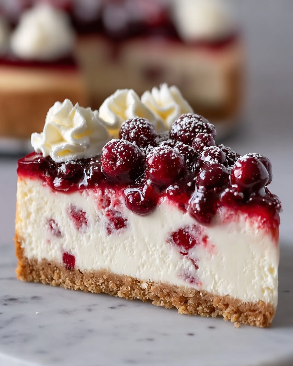 The image shows a round cheesecake with three visible layers on a white plate: the bottom layer is a thick, crumbly, brown crust, the middle layer is a smooth, creamy pale yellow cheese filling, and the top layer is a glossy red berry sauce with whole berries spread evenly. Around the edge of the cheesecake, there are tall swirls of white whipped cream evenly spaced, each topped with a small dollop of red berry sauce. The background is a white marbled surface. photo taken with an iphone --ar 4:5 --v 7