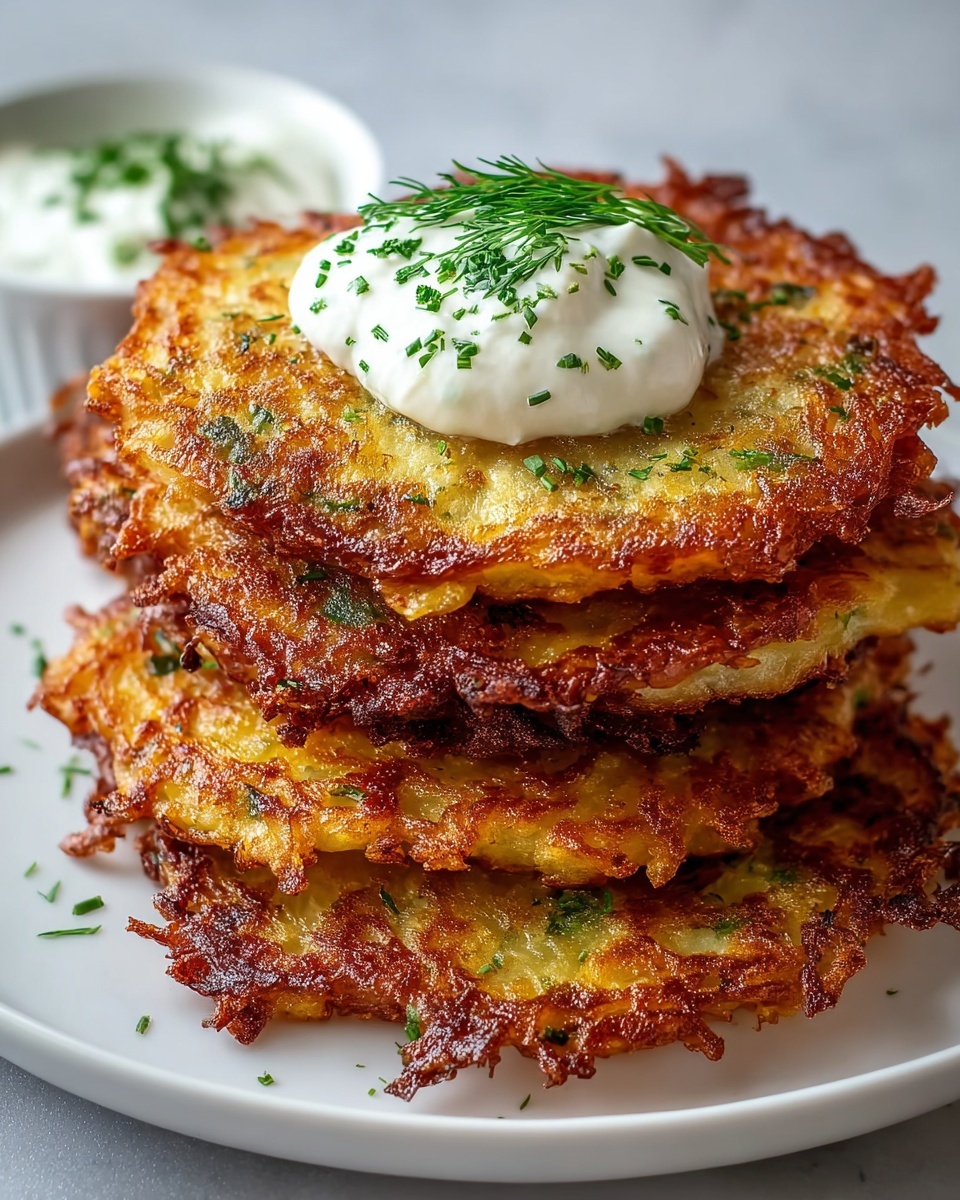 Crispy Cabbage Pancakes Recipe 5 A stack of five golden brown crispy potato pancakes sits on a white plate with a white marbled background. The pancakes have a rough, crunchy texture with darker browned edges and small bits of green herbs scattered throughout. The top pancake has a dollop of white sour cream, sprinkled with finely chopped green dill. To the side, a small white bowl filled with more sour cream is visible. Photo taken with an iphone --ar 4:5 --v 7