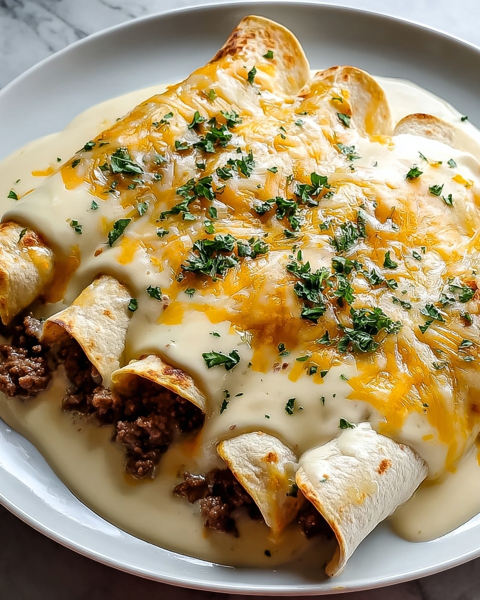 Three rolled tortillas lie side by side on a white plate, each filled with browned ground meat visible at the ends and slightly spilling out. The tortillas are covered in two layers of melted cheese: a pale yellow creamy layer underneath and a more vibrant yellow melted layer on top, both oozing slightly over the edges. On top, small browned meat crumbles are scattered evenly, with chopped green herbs sprinkled across the dish for color contrast. The whole plate is set against a white marbled surface. photo taken with an iphone --ar 4:5 --v 7