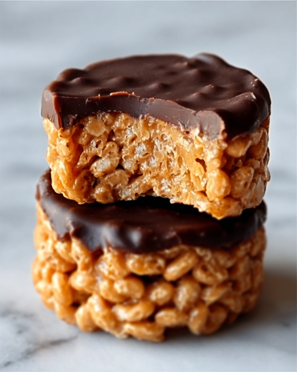 Chocolate Peanut Butter Rice Krispie Cups Recipe 6 The image shows two peanut butter and rice puff treats stacked on a white surface with a white marbled texture background. The bottom treat is whole, round, and covered with a thick, smooth layer of dark chocolate on top, with a bumpy texture of rice puffs mixed with peanut butter forming the base. The top treat is the same but with a bite taken from it, exposing the golden peanut butter and crispy rice puff mixture underneath the dark chocolate layer. The lighting highlights the shiny surface of the chocolate and the crunchy texture of the rice puff mix. Photo taken with an iphone --ar 4:5 --v 7