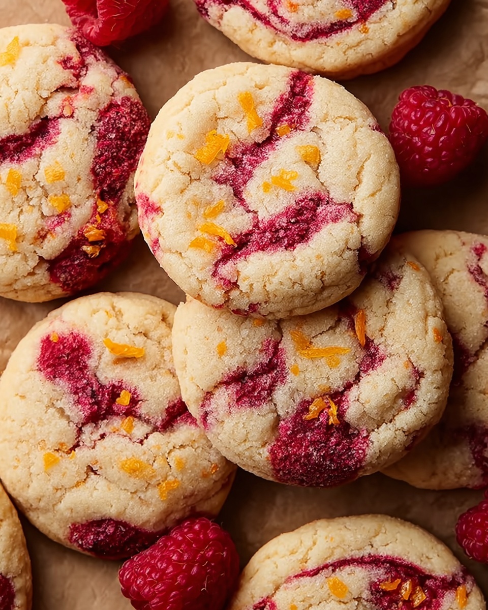 The image shows several round cookies with a soft, light beige base that has visible cracks and texture, each cookie containing swirls and chunks of deep red raspberry mixed through the dough. Bright orange zest pieces are scattered across the surface of the cookies, adding small pops of color. The cookies are arranged closely together on a brown parchment paper, and a few fresh, textured raspberries with a vivid red color are placed around them. The background is a white marbled surface. photo taken with an iphone --ar 4:5 --v 7