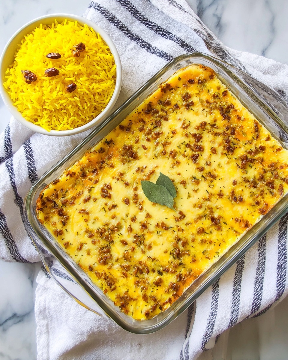 A black plate shows a meal with three parts: a large serving of baked casserole with a golden brown top mixed with bits of brown meat and light creamy cheese, a side of bright green steamed green beans lined up on the left, and a mound of yellow rice with raisins on the right. Next to the rice is a dollop of dark brown sauce. Behind the plate, there is a clear glass baking dish partly filled with the same casserole, showing a thick creamy and meaty layer with a golden top. To the right of the baking dish is a white bowl full of the same yellow rice with raisins and a spoon sticking out. The setting rests on a white marbled surface with a black and white striped cloth beneath some items. Photo taken with an iphone --ar 4:5 --v 7