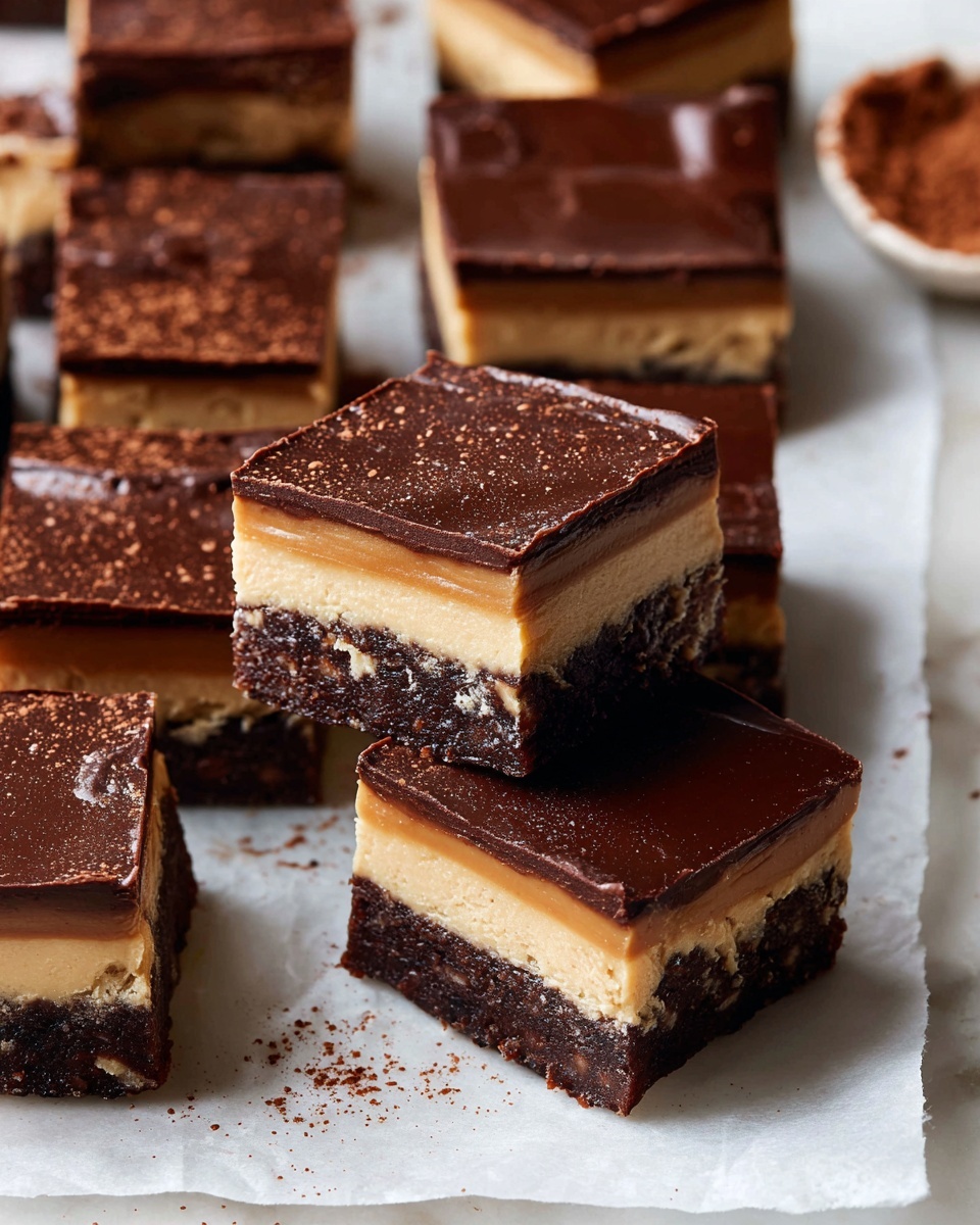 The image shows a group of square dessert bars arranged closely on a white marbled surface with some parchment paper underneath. Each bar has three clear layers: the bottom and top layers are dark brown and smooth with a glossy, chocolatey texture, while the middle layer is a thick, creamy light brown, slightly rough in texture. Two bars are turned on their sides to clearly show the three layers stacked neatly, with the dark chocolate layer on top and bottom and the caramel-colored middle. A small bit of cocoa powder is visible in the top right corner. Photo taken with an iphone --ar 4:5 --v 7