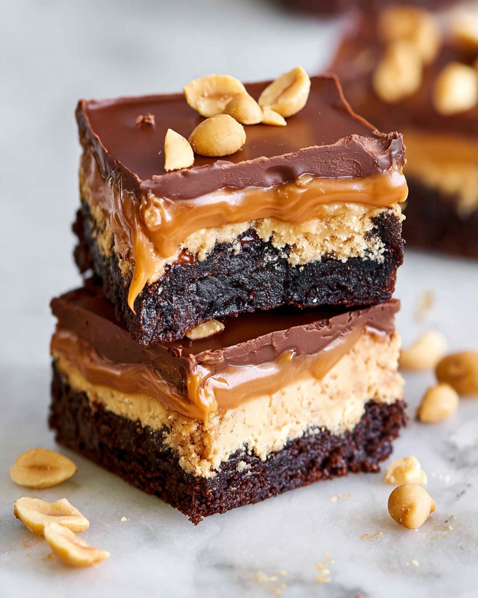 The image shows a close-up of a square layered dessert bar placed on a white marbled surface. The dessert has four clear layers: the bottom layer is a dark, crumbly cookie crust; above that is a creamy, light layer with visible peanut pieces mixed in; the third layer is a golden caramel with whole peanuts embedded in it; the top layer is thick, smooth chocolate topped with three whole peanuts. The chocolate has a glossy texture with gentle waves on top, and the edges show a small bite taken out from the front piece. Scattered peanuts around the dessert add to the presentation. Photo taken with an iphone --ar 4:5 --v 7
