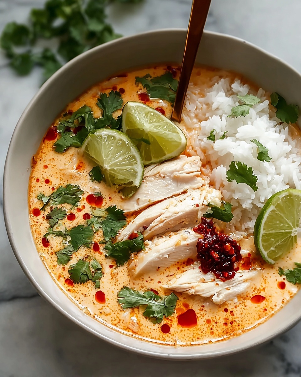A white bowl filled with light orange creamy soup, showing a smooth texture with red oil droplets on top. On one side, there are three white slices of cooked chicken arranged vertically, next to a pile of fluffy white rice grains. Two bright green lime wedges sit on the edge of the bowl. Fresh green cilantro leaves are scattered on the soup's surface, with a small dollop of dark red chili paste placed near the chicken. A brown spoon is partly submerged in the soup, resting inside the bowl. The bowl is placed on a white marbled surface with some green leaves blurred in the background. Photo taken with an iphone --ar 4:5 --v 7