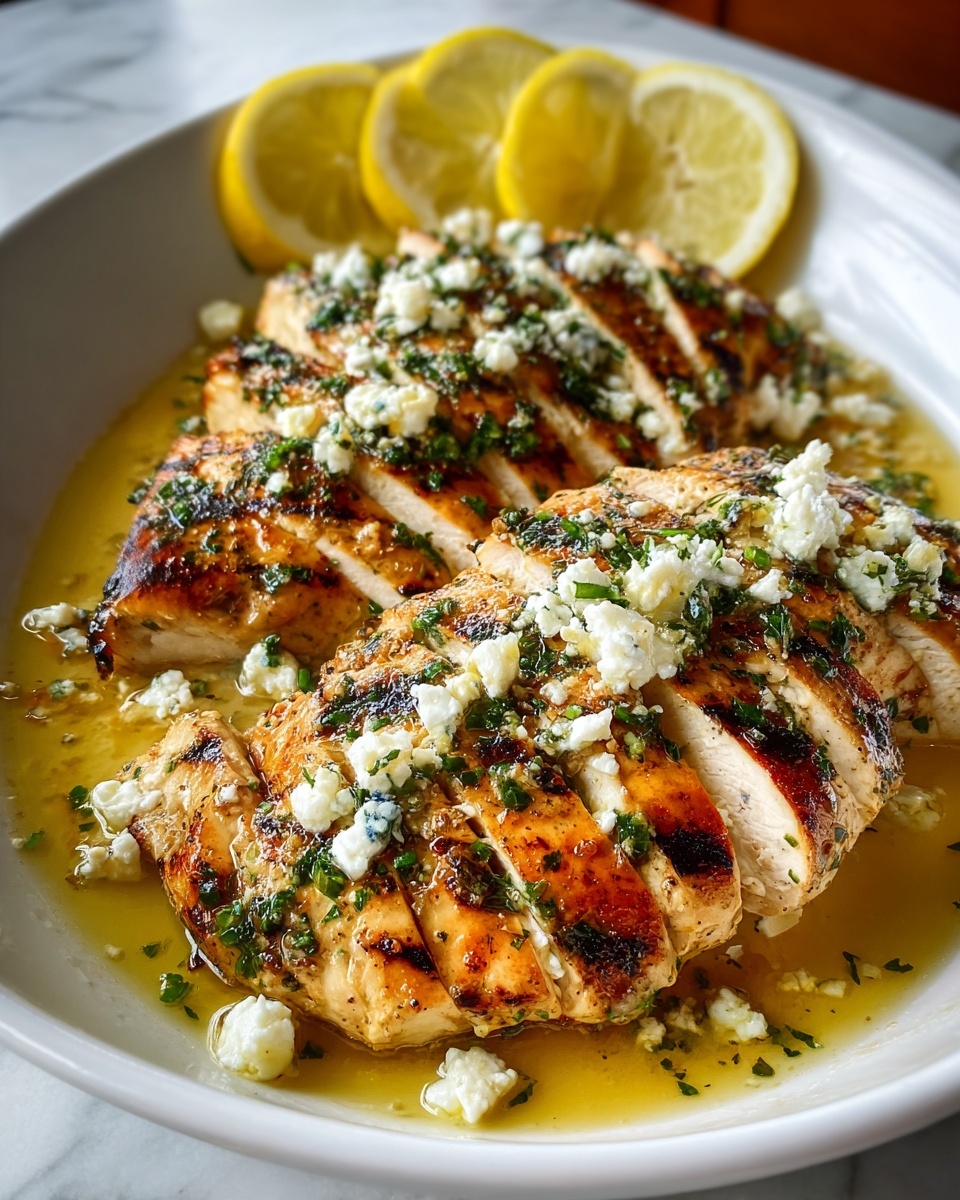 The image shows a metal pan filled with five grilled pieces of chicken in the center, with a golden-brown color and some char marks. The chicken is served on a bed of crumbled white cheese mixed with herbs, scattered evenly around and on top. A lemon slice is placed in the middle on top of the chicken, along with a small bunch of fresh rosemary. In the background, two small white bowls hold chopped red tomatoes and green herbs. The surface is a white marbled texture. Photo taken with an iphone --ar 4:5 --v 7