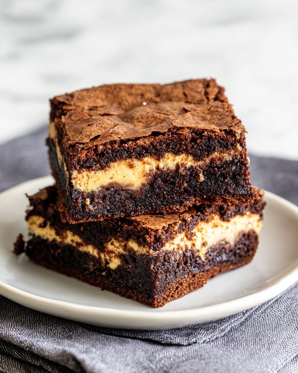 Two square brownies are stacked on a white plate that sits on a gray cloth. Each brownie has three visible layers: the top and bottom layers are dark brown with a slightly cracked, dry texture, while the middle layer is a creamy, light brown filling that appears smooth and dense. One of the brownies has a bite taken out of the front edge, revealing the layers clearly. The background and surface feature a white marbled texture. photo taken with an iphone --ar 4:5 --v 7
