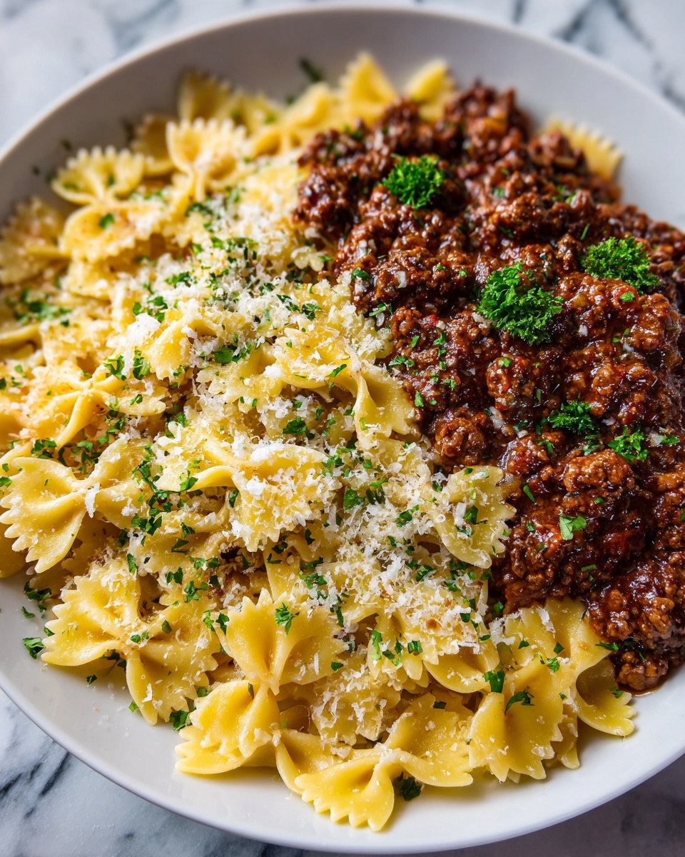 Cheesy Bowtie Pasta with Savory Cajun Ground Beef in Garlic Cream Recipe 5 A white plate holds a serving of bowtie pasta, layered with two distinct toppings. The bottom layer is golden yellow pasta, soft and slightly glossy. On the right side, a thick meat sauce colored rich brown with bits of ground meat covers part of the pasta, while the left and center areas are topped with a creamy white cheese sauce sprinkled with finely chopped green herbs and small red chili flakes. The cheese is melted and slightly stringy, blending with the pasta under the sauce. The whole plate rests on a white marbled surface. photo taken with an iphone --ar 4:5 --v 7