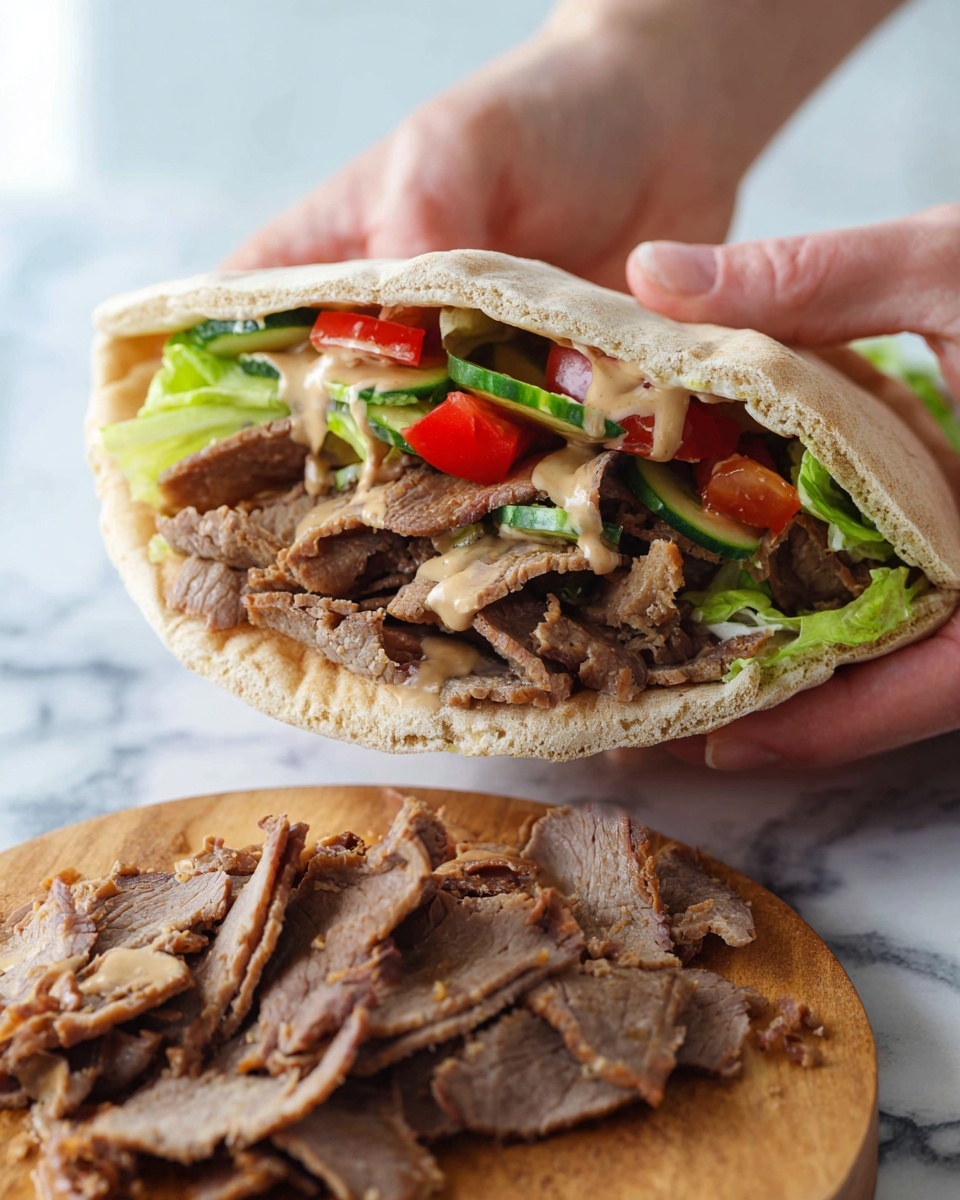 A close-up of a pita sandwich held by woman's hands, filled with layers of thin brown meat slices, green lettuce and cucumber slices, red tomato pieces, and light brown sauce drizzled on top, all inside a soft, light beige pita bread. In front of the sandwich, there is a pile of extra thin brown meat slices on a wooden board, set on a white marbled texture surface. photo taken with an iphone --ar 4:5 --v 7