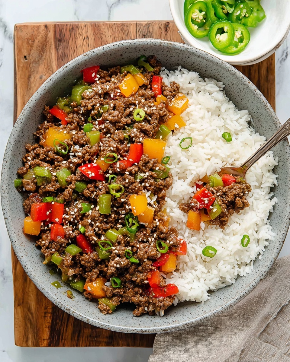 A grey bowl filled with two layers: the bottom layer is white, fluffy rice, and the top layer is cooked ground beef mixed with diced red, yellow, and green bell peppers, along with green sliced chili pieces and sprinkled white sesame seeds. A silver fork rests inside the bowl, scooping up some of the beef mixture. The bowl is placed on a wooden board with a small white bowl of sliced green chilies nearby, all set on a white marbled surface. photo taken with an iphone --ar 4:5 --v 7