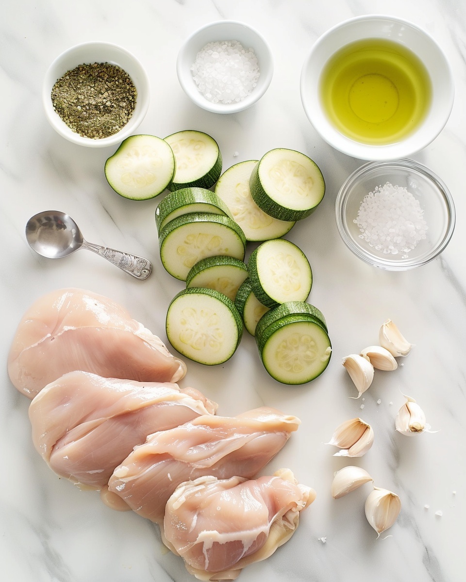 The image shows a white rectangular baking dish filled with a vegetable casserole, layered with slices of green zucchini and red tomatoes. The zucchini slices are spread evenly, creating a green and light yellow base, topped with slightly browned cheese and herbs sprinkled throughout. On top, there are bright red tomato slices placed in neat rows, adding a fresh color contrast. A few fresh green basil leaves sit in the center as decoration. The dish rests on a white marbled surface, giving a clean and bright look. photo taken with an iphone --ar 4:5 --v 7