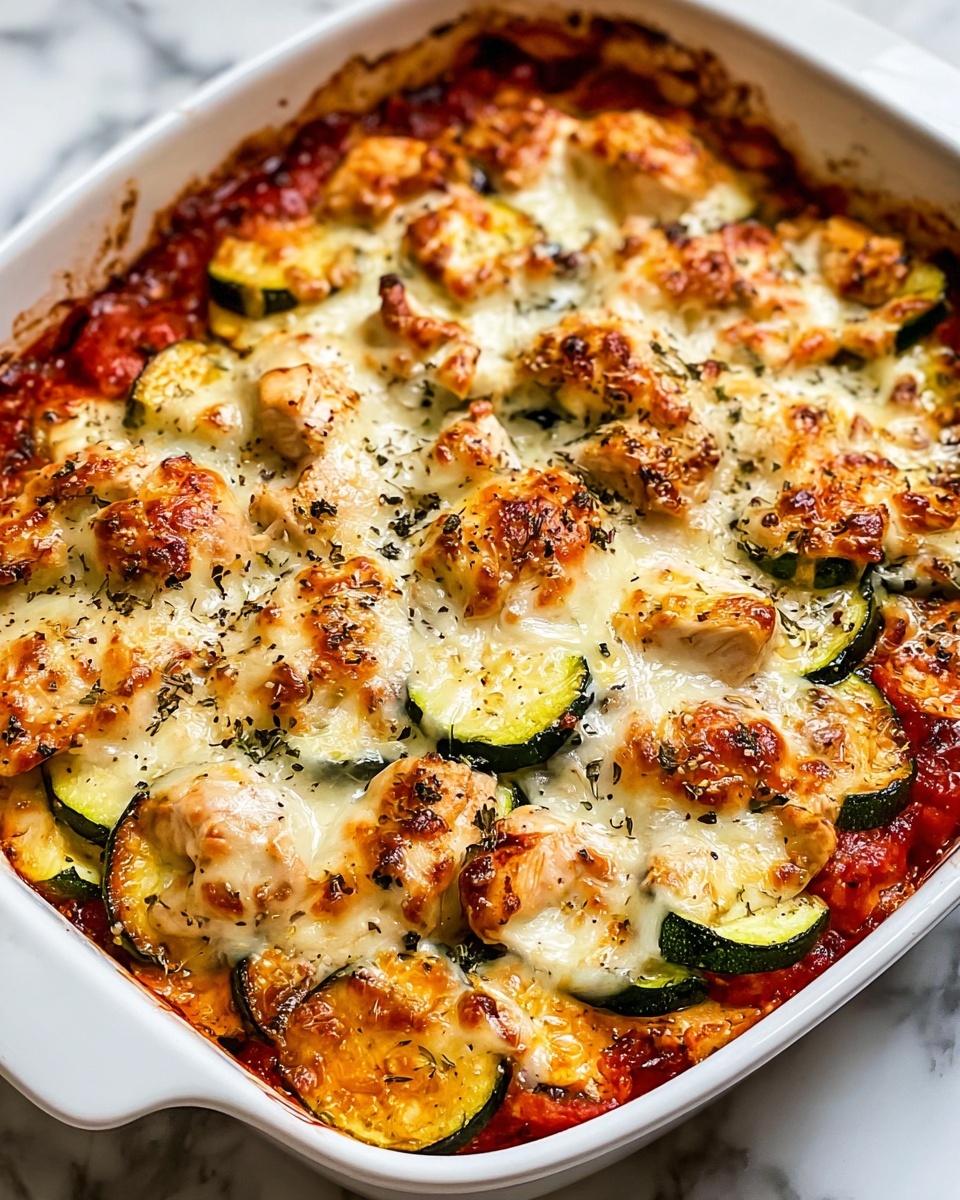 The image shows a white baking dish filled with a baked dish that has three main layers. The bottom layer is a red tomato sauce with visible chunks spread evenly. The middle layer has pieces of cooked chicken that are light brown with some char marks. On top of the chicken are slices of green zucchini, slightly soft and browned at the edges. The whole dish is covered with melted white cheese that has browned spots and a sprinkle of dried herbs. The white marbled surface under the dish helps to highlight the warm colors of the food photo taken with an iphone --ar 4:5 --v 7