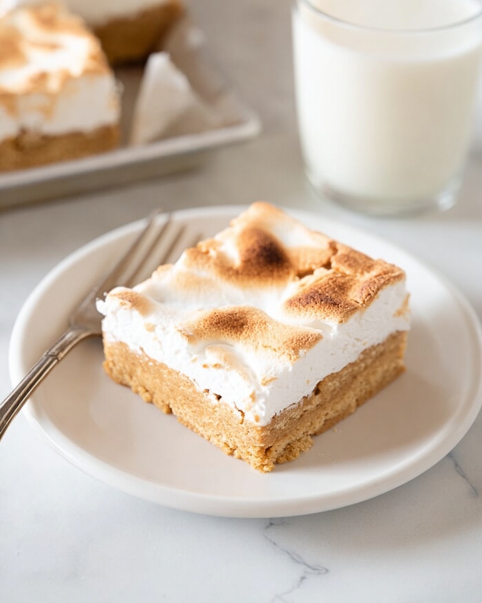 The image shows a stack of three square dessert bars on a white plate, which is placed on a white marbled surface. Each bar has two layers: a thick bottom layer of light brown, dense, smooth texture resembling cookie dough, and a thinner top layer of white, soft, and slightly melting marshmallow with some cracks. The edges of the marshmallow layer are uneven, with a bit of it dripping down the side of the top bar. The bars are stacked slightly unevenly, giving a sense of softness and richness. Photo taken with an iphone --ar 4:5 --v 7