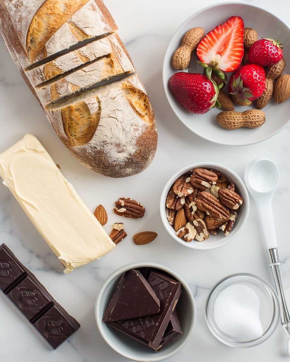 Chocolate Strawberry Bruschetta Recipe 5 The image shows a close-up of four pieces of toasted bread, each with three layers. The bottom layer is golden toasted bread with a slightly rough texture. The middle layer is a thick, shiny dark chocolate spread smoothly covering the bread surface. The top layer consists of bright red strawberry halves, some with visible seeds, and roughly chopped light brown nuts scattered over the chocolate. The toasts are placed on a white plate with a white marbled surface in the background. The focus is sharp on the front toast, with the others softly blurred in the back, photo taken with an iphone --ar 4:5 --v 7