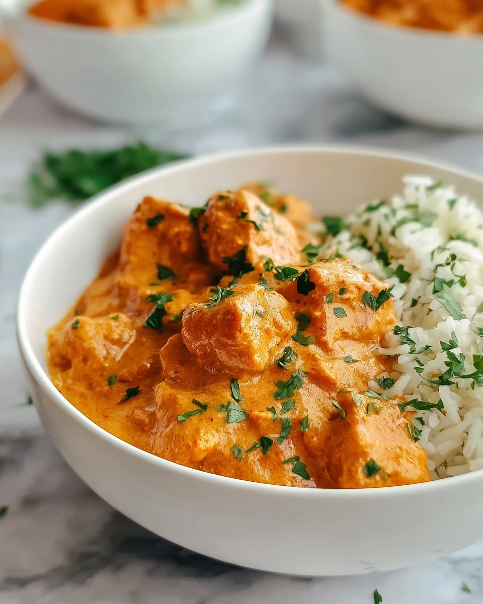 A white bowl holds a dish with two visible layers: the front layer consists of orange-colored sauce-covered chunks with a creamy texture, sprinkled generously with chopped green herbs, while the back layer shows a bed of fluffy, white rice with some green herb pieces scattered on top. The bowl rests on a white marbled surface, and a blurred white bowl with a similar pattern and green garnish is seen in the background. photo taken with an iphone --ar 4:5 --v 7