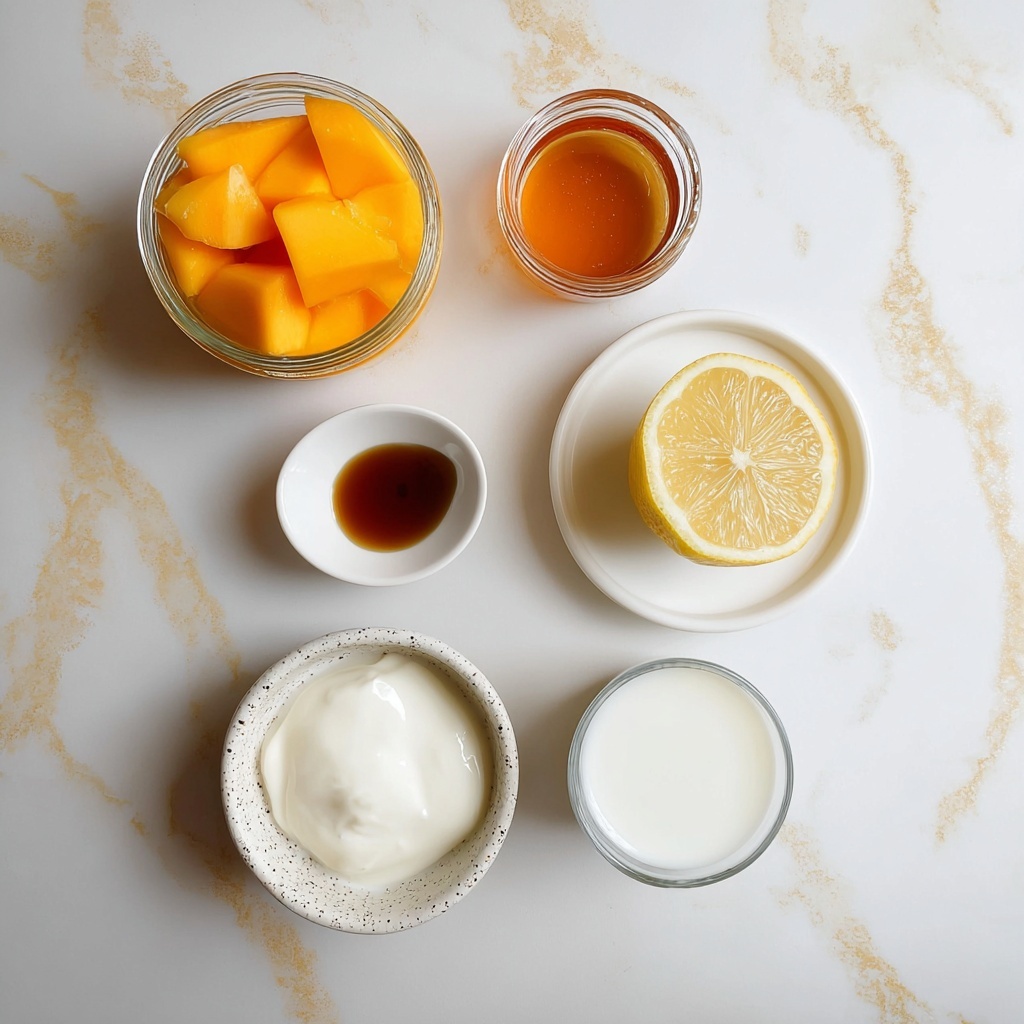 Two scoops of soft peach-colored ice cream with a smooth and slightly creamy texture sit in small white ramekins, set on a white marbled surface with light brown veins. The ice cream scoops show subtle natural ridges and one has a small indentation on the top right side. Next to the front ramekin is a silver ornate spoon with a reflective shine. In the background, slightly out of focus, is another ramekin with a scoop of the same peach ice cream and a metal ice cream scoop placed behind it. Photo taken with an iphone --v 7