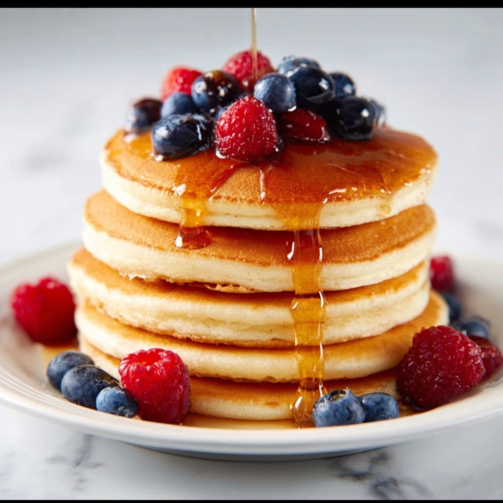A stack of five golden-brown pancakes is centered on a white plate, sitting on a white marbled surface. The pancakes have a smooth texture with slightly crisp edges. A drizzle of amber syrup flows down from the top, creating shiny streaks over the stack. At the top, a mix of fresh blueberries and raspberries are piled, with more berries scattered around the base of the stack on the plate. The lighting highlights the pancakes’ fluffy layers and the syrup’s glossy shine, making the colors vivid. photo taken with an iphone --v 7