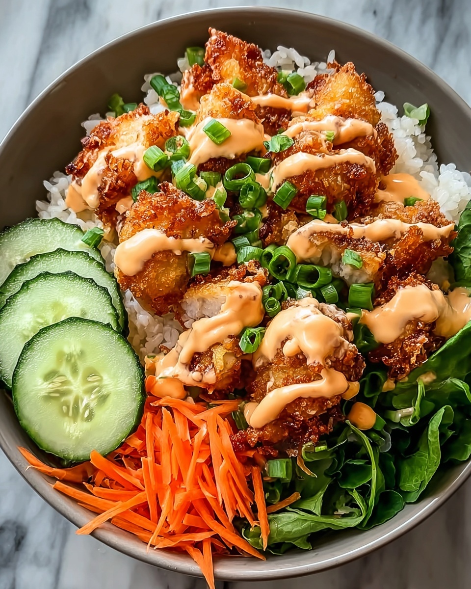 A white bowl holds a serving of crispy fried chicken pieces arranged over a bed of fluffy white rice and fresh green lettuce leaves. The chicken has a golden, crunchy crust that reveals moist, tender white meat inside. Thin slices of cucumber and shredded carrot add fresh, crisp textures on one side. The chicken is drizzled with a creamy, orange-colored sauce and sprinkled with chopped green onions for a pop of color. The photo is taken on a white marbled surface in a realistic food blog style. photo taken with an iphone --ar 4:5 --v 7